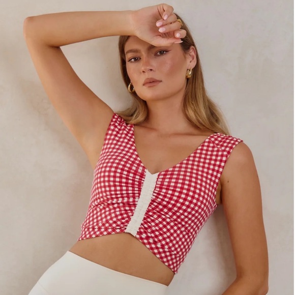 Astoria Activewear Tops - Astoria LUXE BALANCE Ruched V-Neck Crop - Red Gingham